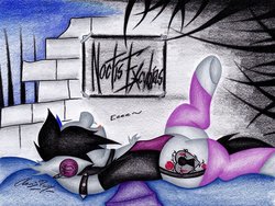Size: 1024x771 | Tagged: safe, artist:thechrispony, oc, oc only, oc:thorne, bat pony, pony, chest fluff, clothes, cover art, dark, eeee, fangs, female, gothic, headphones, mare, metal, on back, poster, socks, solo, traditional art