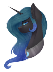 Size: 1543x2125 | Tagged: safe, artist:ohhoneybee, nightmare moon, queen chrysalis, pony, g4, bust, ear fluff, female, fusion, mare, portrait, profile, simple background, solo, transparent background