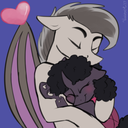 Size: 3000x3000 | Tagged: safe, artist:veesocks, oc, oc only, oc:dazzling flash, oc:wing dancer, bat pony, changeling, bat pony oc, changeling oc, cuddling, curly hair, dazzwing, heart, high res, oc x oc, poem in the source, purple changeling, shipping