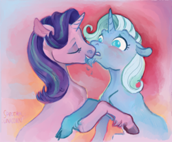 Size: 1080x892 | Tagged: safe, artist:spectralunicorn, starlight glimmer, trixie, classical unicorn, pony, unicorn, g4, beard, blushing, cloven hooves, facial hair, female, horn, lesbian, mare, nom, ship:startrix, shipping, unicorn beard, unshorn fetlocks