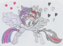 Size: 1324x970 | Tagged: safe, artist:nephilim rider, twilight sparkle, oc, oc:heaven lost, alicorn, pony, g4, alicorn oc, blushing, cuddling, simple background, spread wings, traditional art, twilight sparkle (alicorn), white background, wings