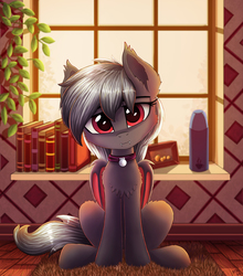 Size: 2000x2270 | Tagged: safe, artist:atlas-66, oc, oc only, oc:dusty fang, bat pony, pony, bat pony oc, book, collar, commission, cute, fangs, high res, indoors, looking at you, pet tag, sitting, solo, window