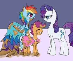 Size: 1024x853 | Tagged: safe, artist:yourfavoritelove, rainbow dash, rarity, scootaloo, pegasus, pony, unicorn, picture perfect pony, g4, annoyed, clothes, continue, dirty, dress, eyes closed, female, filly, mare, messy, mud, muddy, pretty, rainbow dash always dresses in style, tongue out, trio