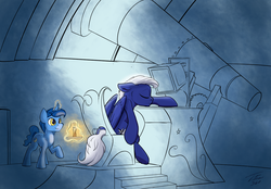 Size: 1200x836 | Tagged: safe, artist:tsitra360, night light, oc, oc:wind, pegasus, pony, unicorn, g4, candle, canterlot, chair, cutie mark, eyes closed, magic, male, night, observatory, screen, shading, simple background, sleeping, slouching, smiling, stallion, table, telescope