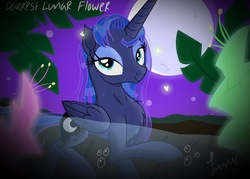 Size: 4583x3273 | Tagged: safe, artist:darkest-lunar-flower, princess luna, alicorn, firefly (insect), pony, g4, bioluminescent, bubble, chest fluff, eyelashes, eyeshadow, female, looking at you, makeup, mare, moon, moonlight, solo, stars, water, wet mane