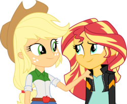 Size: 3656x3001 | Tagged: safe, artist:cloudy glow, applejack, sunset shimmer, equestria girls, g4, my little pony equestria girls: friendship games, .ai available, belt, clothes, comforting, cowboy hat, denim skirt, duo, female, freckles, hat, high res, jacket, leather jacket, looking at each other, shirt, simple background, skirt, smiling, stetson, transparent background, vector