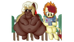 Size: 1500x843 | Tagged: safe, artist:andelai, oc, oc:chimie changa, oc:sweeter mocha, pegasus, pony, belly, belly button, chubby cheeks, fanfic, fanfic art, fat, magazine, obese, pegaphoenix, simple background, sitting, transparent background, two chairs for one