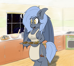 Size: 2048x1817 | Tagged: safe, artist:xwoofyhoundx, oc, oc only, oc:panne, oc:speck, bat pony, anthro, unguligrade anthro, apron, arm hooves, breasts, chestbreasts, clothes, cookie, female, food, french fries, kitchen, moon, night, oven, request, solo, stars, stove, tree, window