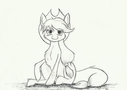 Size: 3440x2432 | Tagged: safe, artist:maneingreen, applejack, earth pony, pony, g4, chest fluff, female, high res, looking at you, monochrome, simple background, sitting, sketch, smiling, solo, stare, yellow background