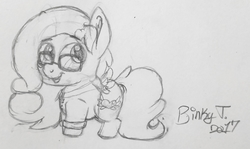 Size: 2177x1298 | Tagged: safe, artist:binkyt11, derpibooru exclusive, oc, oc only, oc:saving grace, pegasus, pony, chibi, clothes, cute, ear fluff, female, glasses, mare, monochrome, solo, traditional art