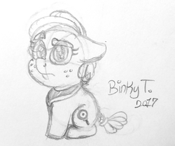 Size: 2096x1756 | Tagged: safe, artist:binkyt11, derpibooru exclusive, oc, oc only, oc:eileen hunt, earth pony, pony, bandana, chibi, cute, eyebrows, female, freckles, mare, monochrome, sitting, solo, traditional art