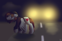 Size: 3000x2000 | Tagged: safe, artist:spirit-dude, oc, oc only, oc:spirit rose, pegasus, pony, beanie, car, clothes, female, hat, headlights, high res, hoodie, mare, night, road, sad, solo, street, wings