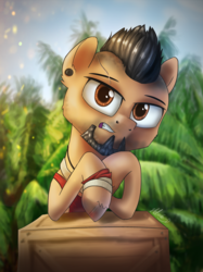 Size: 2291x3055 | Tagged: safe, artist:helmie-art, pony, box, crossover, ear piercing, far cry 3, gritted teeth, high res, looking at you, male, outdoors, piercing, ponified, solo, stallion, tree, vaas montenegro, video game