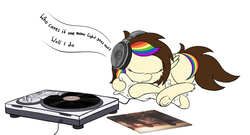 Size: 4311x2332 | Tagged: safe, artist:prismstreak, oc, oc only, oc:prism streak, pony, chester bennington, crying, eyes closed, headphones, linkin park, lying down, nudity, pillow, prone, rainbow hair, record player, sad, tinyface, vinyl