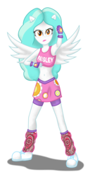 Size: 1950x3600 | Tagged: safe, artist:deannaphantom13, paisley, equestria girls, g4, armpits, belly button, clothes, exeron fighters, exeron gloves, female, fingerless gloves, gloves, looking at you, midriff, ponied up, serious, serious face, simple background, skirt, solo, sports bra, spread wings, transparent background, wings