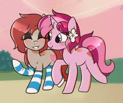 Size: 3000x2500 | Tagged: safe, artist:php172, oc, oc only, oc:ponepony, oc:rosebud, pony, clothes, cute, eyeshadow, flower, flower in hair, happy, high res, makeup, socks, striped socks