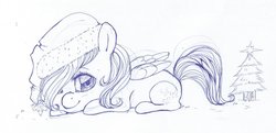 Size: 1280x617 | Tagged: safe, artist:tomoyuki, fluttershy, pegasus, pony, g4, chibi, christmas, female, holiday, monochrome, solo