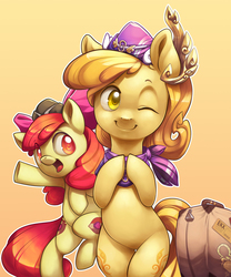 Size: 1200x1444 | Tagged: safe, artist:xennos, apple bloom, oc, oc:kwankao, earth pony, pony, g4, adorabloom, apple bloom's bow, bipedal, both cutie marks, bow, clothes, cute, duo, female, filly, hair bow, hat, mare, one eye closed, open mouth, raised hoof, scarf, suitcase, wink