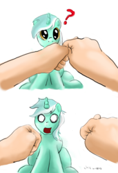 Size: 738x1082 | Tagged: safe, artist:thesouthernnerd, lyra heartstrings, human, pony, unicorn, g4, comic, hand, surprised, trick