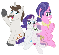 Size: 2000x1846 | Tagged: safe, artist:crazynutbob, cookie crumbles, hondo flanks, rarity, sweetie belle, pony, unicorn, g4, family, female, male, mare, rarity's parents, ship:cookieflanks, simple background, stallion, transparent background