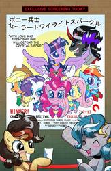 Size: 587x900 | Tagged: safe, artist:marybellamy, applejack, fluttershy, king sombra, pinkie pie, rainbow dash, rarity, twilight sparkle, oc, oc:salt flats, oc:salt lick, alicorn, pony, g4, crystal mountain pony con, mane six, sailor moon (series), twilight sparkle (alicorn)