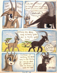 Size: 1068x1380 | Tagged: safe, artist:thefriendlyelephant, oc, oc only, oc:sabe, oc:uganda, antelope, giant sable antelope, comic:sable story, acacia tree, africa, animal in mlp form, annoyed, cloven hooves, comic, grass, horns, laughing, savanna, speech bubble, traditional art