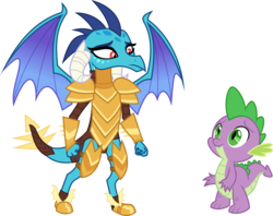 Size: 8094x6400 | Tagged: safe, artist:parclytaxel, princess ember, spike, dragon, g4, gauntlet of fire, .svg available, absurd resolution, armor, dragon armor, female, looking down, looking up, male, simple background, spread wings, transparent background, vector, wings