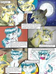 Size: 3000x4000 | Tagged: safe, artist:tillie-tmb, oc, oc only, oc:meadow lark, oc:tempest, earth pony, pony, unicorn, comic:the amulet of shades, comic, female, high res, mare, moon, traditional art, underhoof
