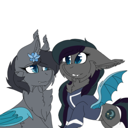 Size: 2560x2560 | Tagged: safe, artist:brokensilence, oc, oc only, oc:moonlitti dusk, oc:seachell, bat pony, pony, blue eyes, blue wings, clothes, cute, cute little fangs, duo, fangs, female, flower, flower in hair, fluffy, high res, simple background, slit pupils, socks, thigh highs, transparent background