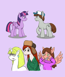 Size: 2000x2379 | Tagged: safe, artist:stillfunction, twilight sparkle, alicorn, pony, g4, brother and sister, crossover, crossover shipping, cutie mark, diplight, dipper pines, female, gravity falls, high res, jealous, mabel pines, male, pacifica northwest, ponified, shipping, starry eyes, twilight sparkle (alicorn), twins, wendy corduroy, wingding eyes