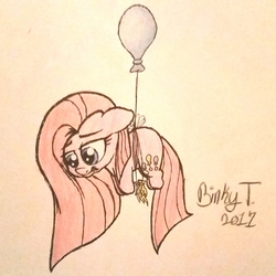 Size: 1836x1836 | Tagged: safe, artist:binkyt11, derpibooru exclusive, pinkie pie, earth pony, pony, g4, balloon, chibi, female, floating, floppy ears, pinkamena diane pie, sad, solo, then watch her balloons lift her up to the sky, traditional art