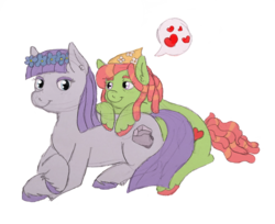 Size: 1024x837 | Tagged: safe, artist:sylver-unicorn, maud pie, tree hugger, earth pony, pony, g4, female, floral head wreath, flower, heart, lesbian, maudhugger, prone, shipping, simple background, transparent background