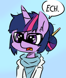 Size: 482x569 | Tagged: artist needed, safe, sci-twi, twilight sparkle, pony, unicorn, equestria girls, g4, 4chan, alternate hairstyle, clothes, disgusted, ech, equestria girls ponified, female, glasses, hair bun, jontron, jontron thread, lab coat, messy mane, open mouth, pencil, ponified, solo, speech bubble, sweater, unicorn sci-twi