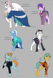 Size: 1313x1914 | Tagged: safe, artist:stuflox, double diamond, snails, snips, starlight glimmer, trixie, pony, g4, alexei orlov, catherine the great, clothes, count orlov, dress, female, half r63 shipping, male, older, princes elizabeth, raised hoof, reference sheet, rule 63, ship:startrix, ship:trixgleam, shipping, stellar gleam, straight, trixie's fans