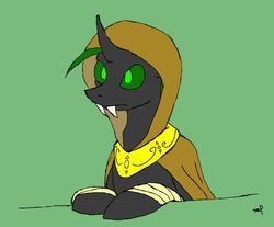 Size: 851x705 | Tagged: safe, artist:crazeguy, derpibooru exclusive, oc, oc only, oc:puppet, changeling, cape, changeling oc, cloak, clothes, green background, green changeling, simple background, solo