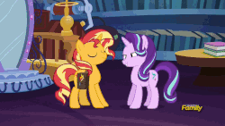Size: 960x540 | Tagged: safe, edit, screencap, starlight glimmer, sunset shimmer, unicorn, equestria girls, equestria girls specials, g4, my little pony equestria girls: mirror magic, animated, book, close-up, cute, daaaaaaaaaaaw, discovery family logo, excited, eye shimmer, faic, female, frown, gif, glimmerbetes, glimmie, grin, heart eyes, library, looking at each other, loop, portal, saddle bag, scrunchy face, slow motion, smiling, sparkly eyes, stare, surprised, table, twilight's castle, wide eyes, wingding eyes
