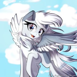 Size: 2000x2000 | Tagged: safe, artist:chaosangeldesu, oc, oc only, pegasus, pony, cloud, female, high res, mare, open mouth, raised hoof, solo, spread wings, windswept mane, wings