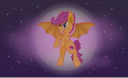 Size: 6427x3900 | Tagged: safe, artist:steam-loco, scootaloo, bat pony, pony, g4, absurd resolution, bat ponified, fangs, female, flying, full moon, looking at you, moon, night, night sky, race swap, scootabat, scootaloo can fly, sky, solo, stars, vector