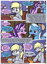 Size: 1400x1900 | Tagged: safe, artist:moemneop, derpy hooves, starlight glimmer, trixie, pegasus, pony, unicorn, comic:shifting changelings lies and truths, g4, abuse, chest fluff, comic, cup, derpybuse, dialogue, looking at each other, out of character, replaced, underp