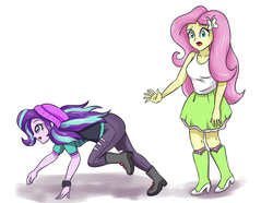 Size: 4724x3507 | Tagged: safe, artist:sumin6301, fluttershy, starlight glimmer, equestria girls, equestria girls specials, g4, my little pony equestria girls: mirror magic, absurd resolution, all fours, beanie, clothes, hat, humans doing horse things, pants, running, simple background, white background