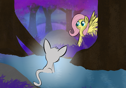Size: 3130x2189 | Tagged: safe, artist:skyflys, fluttershy, pony, g4, colored pupils, cute, female, forest, glowing, high res, light, mare