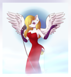 Size: 2620x2850 | Tagged: safe, artist:shiro-roo, oc, oc only, oc:storm shield, pegasus, anthro, breasts, cleavage, clothes, dress, ear piercing, evening gloves, female, gloves, hair over one eye, high res, jessica rabbit, jessica rabbit dress, long gloves, microphone, piercing, side slit, solo
