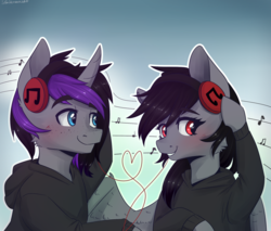 Size: 2000x1700 | Tagged: safe, artist:silbersternenlicht, oc, oc only, oc:purple flame, oc:raven, pegasus, pony, unicorn, blushing, clothes, duo, female, headphones, looking at you, male, mare, music, smiling, stallion