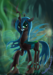 Size: 1414x2000 | Tagged: safe, artist:deathpwny, queen chrysalis, changeling, changeling queen, g4, crown, female, grin, jewelry, regalia, smiling, solo, transparent wings, wings