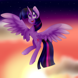 Size: 3000x3000 | Tagged: safe, artist:cosmiickatie, twilight sparkle, alicorn, pony, g4, female, high res, looking up, open mouth, solo, spread wings, stars, twilight sparkle (alicorn), wings