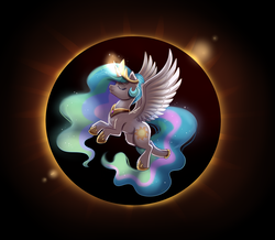 Size: 2125x1857 | Tagged: safe, artist:confetticakez, princess celestia, alicorn, pony, g4, eclipse, eyes closed, female, fluffy, flying, glowing horn, horn, leg fluff, magic, mare, smiling, solar eclipse, solo, spread wings, wing fluff, wings