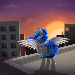 Size: 2000x2000 | Tagged: safe, artist:confetticakez, oc, oc only, oc:coldfire, pony, city, cityscape, fangs, female, high res, mare, rear view, rooftop, solo, sunset, wings