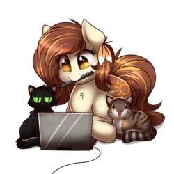Size: 1000x1000 | Tagged: safe, artist:confetticakez, oc, oc only, oc:raven sun, cat, earth pony, pony, computer, female, laptop computer, lying down, mare, pet, solo