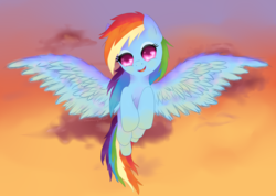 Size: 1600x1138 | Tagged: safe, artist:agletka, rainbow dash, pegasus, pony, g4, female, flying, heart eyes, mare, solo, spread wings, starry eyes, wingding eyes, wings