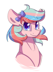 Size: 1772x2369 | Tagged: safe, artist:soundwavepie, oc, oc only, oc:cherie, earth pony, pony, bow, bust, colored pupils, female, hair bow, looking at you, mare, portrait, simple background, smiling, solo, white background